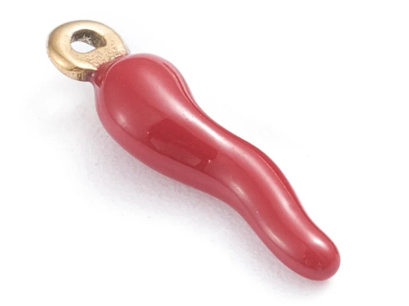 Breloque corne italienne en émail rouge foncé sur acier inoxydable 304 plaqué or
