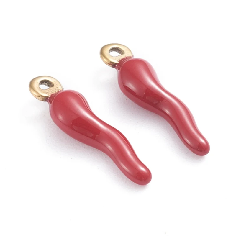 Breloque corne italienne en émail rouge foncé sur acier inoxydable 304 plaqué or