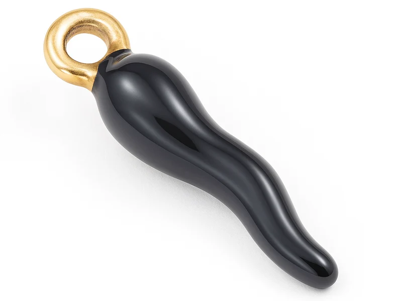 Breloque corne italienne en émail noir sur acier inoxydable 304 plaqué or