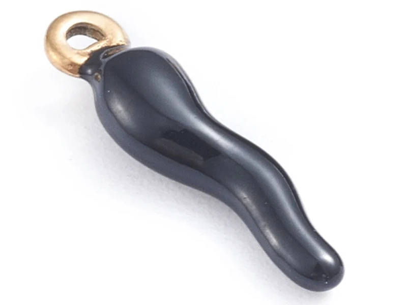 Breloque corne italienne en émail noir sur acier inoxydable 304 plaqué or