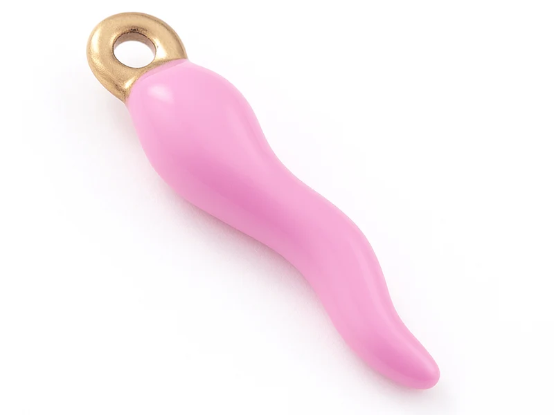 Breloque corne italienne en émail rose sur acier inoxydable 304 plaqué or