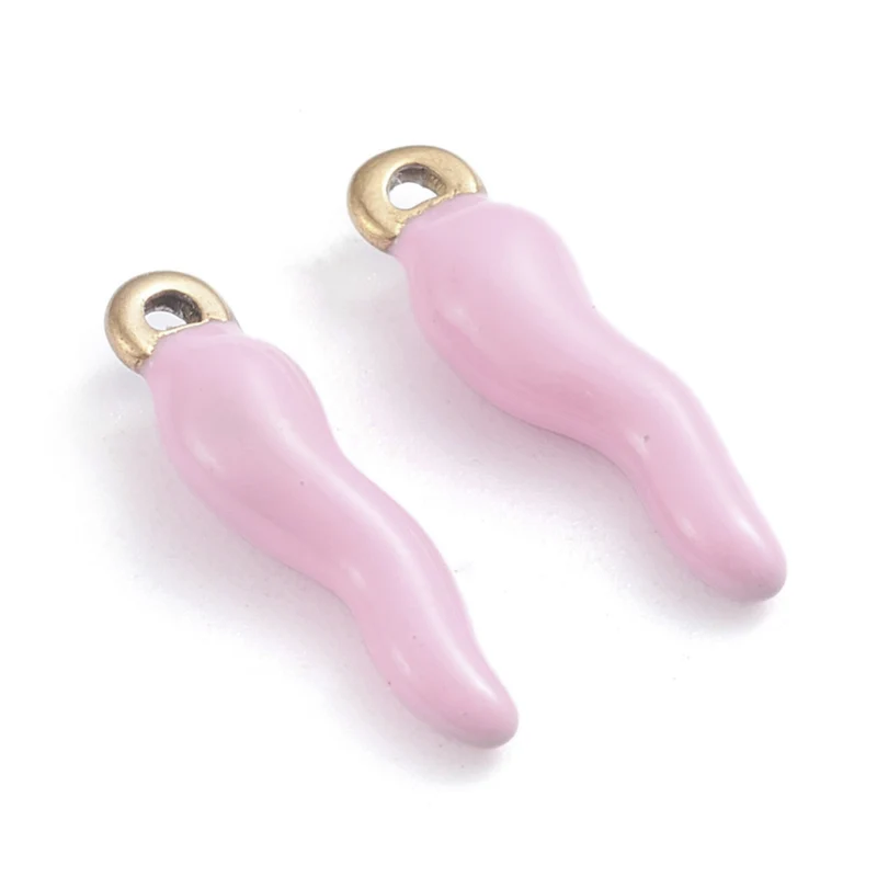 Breloque corne italienne en émail rose sur acier inoxydable 304 plaqué or