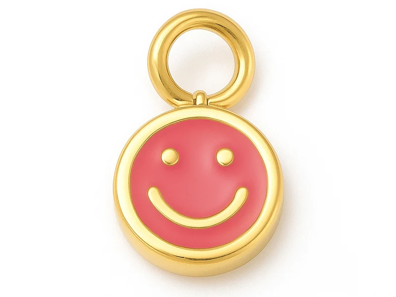 Breloque visage souriant en émail cerise sur acier inoxydable 304 plaqué or 14K