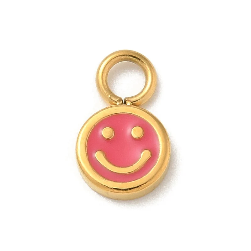 Breloque visage souriant en émail cerise sur acier inoxydable 304 plaqué or 14K