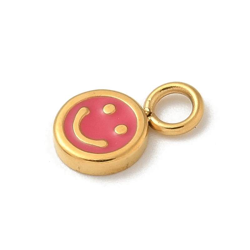 Breloque visage souriant en émail cerise sur acier inoxydable 304 plaqué or 14K
