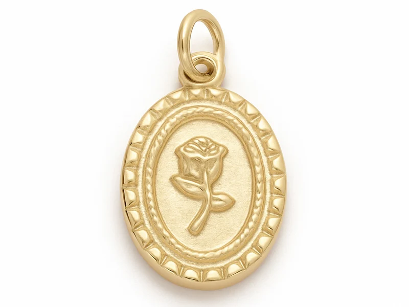 Breloque ovale avec rose en acier inoxydable 316 plaqué or