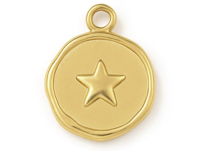 Pendentif rond plat avec étoile en acier inoxydable 304 plaqué or 18K