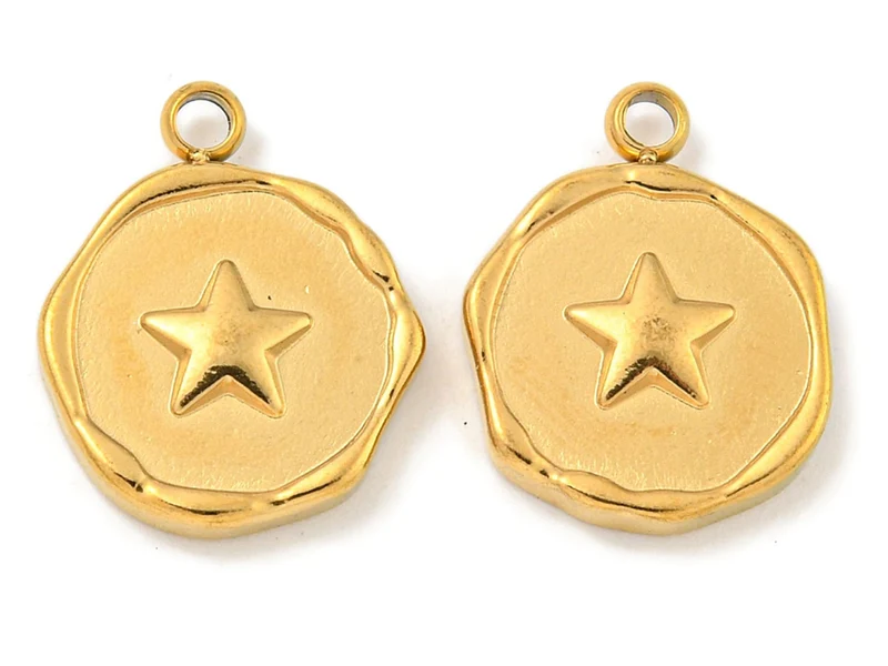 Pendentif rond plat avec étoile en acier inoxydable 304 plaqué or 18K