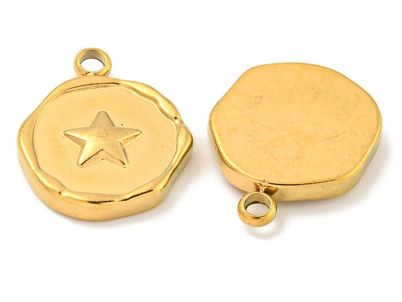 Pendentif rond plat avec étoile en acier inoxydable 304 plaqué or 18K