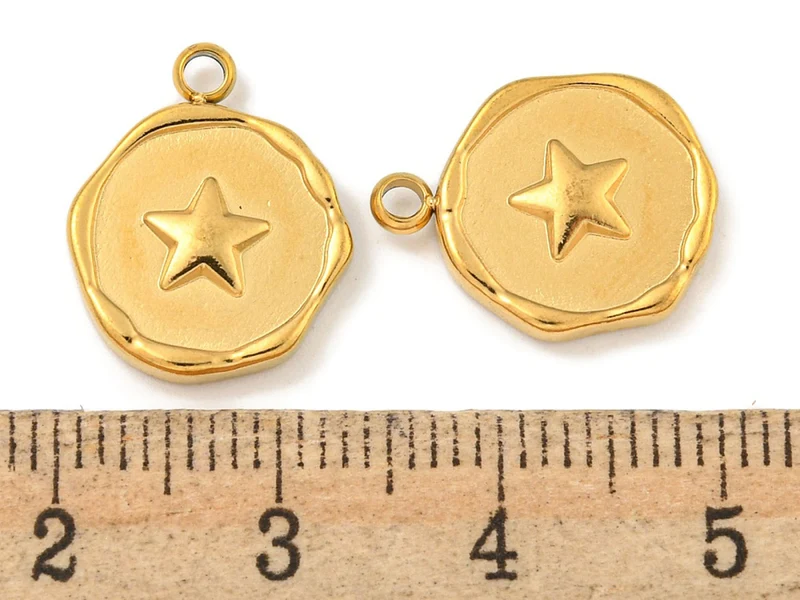 Pendentif rond plat avec étoile en acier inoxydable 304 plaqué or 18K