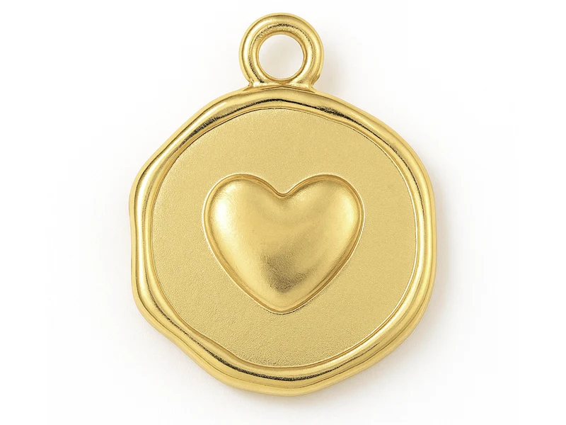 Pendentif rond plat avec cœur en acier inoxydable 304 plaqué or 18K