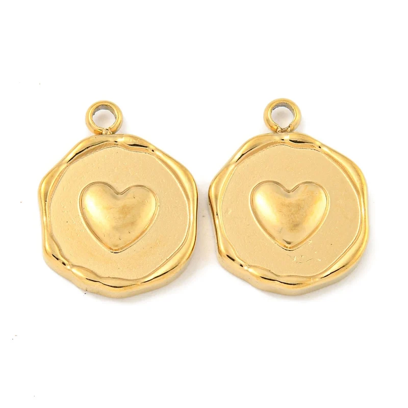 Pendentif rond plat avec cœur en acier inoxydable 304 plaqué or 18K