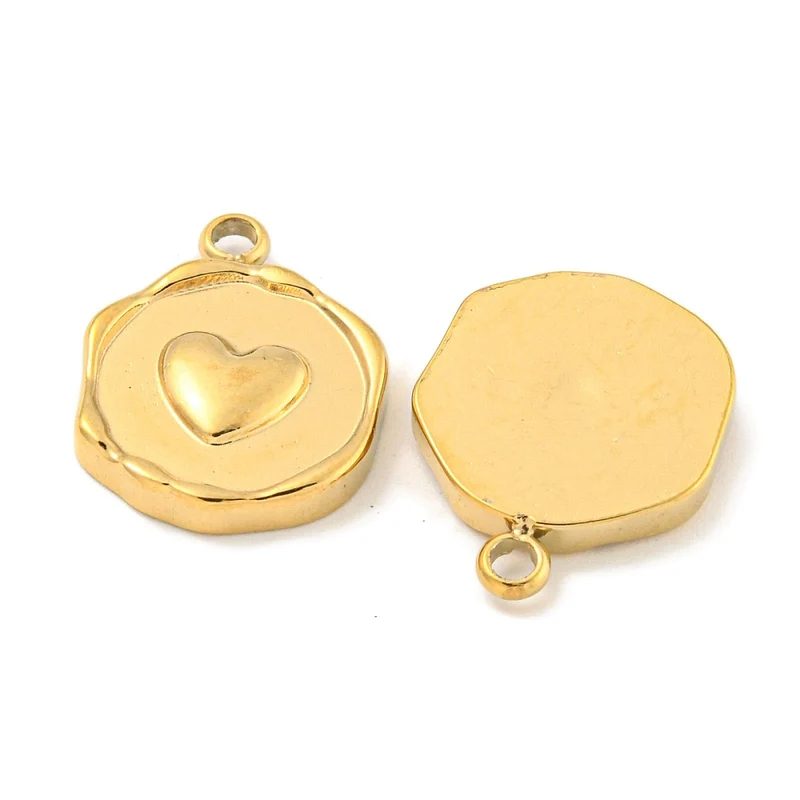 Pendentif rond plat avec cœur en acier inoxydable 304 plaqué or 18K