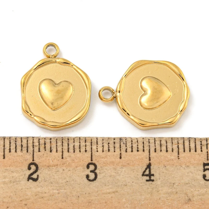 Pendentif rond plat avec cœur en acier inoxydable 304 plaqué or 18K