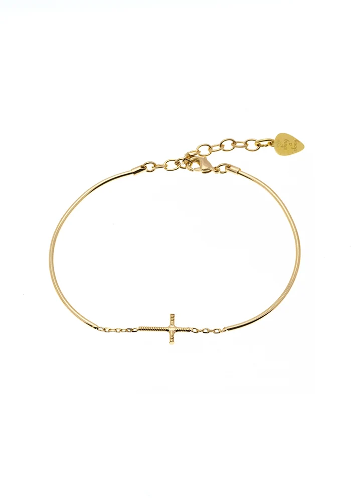 Bracelet Jonc Chaîne Croix Corde De Guitare Doré