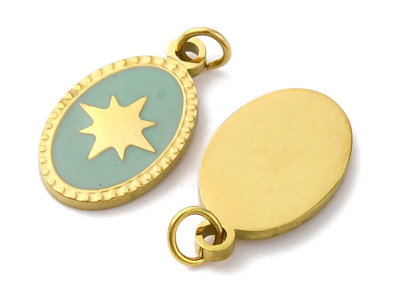 Breloque ovale vert océan avec étoile - doré or fin 18K