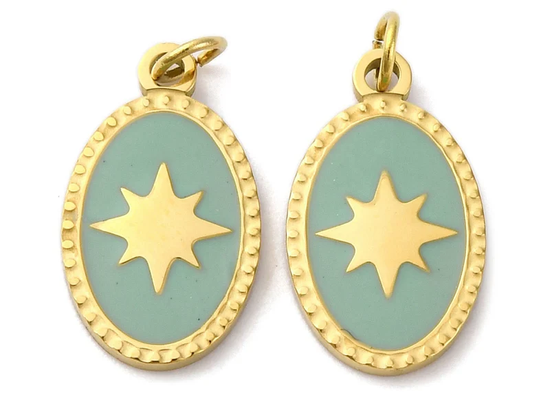 Breloque ovale vert océan avec étoile - doré or fin 18K