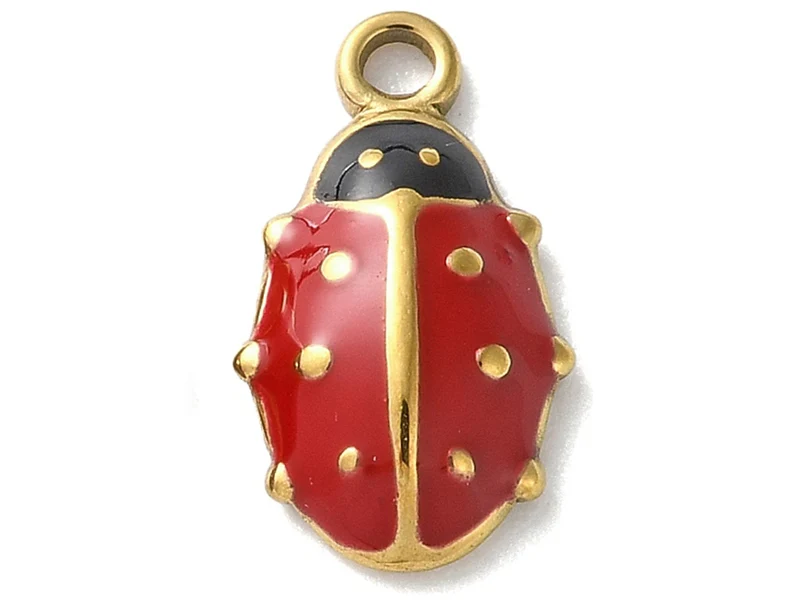 Breloque coccinelle émaillée en acier inoxydable 304 doré à l’or fin