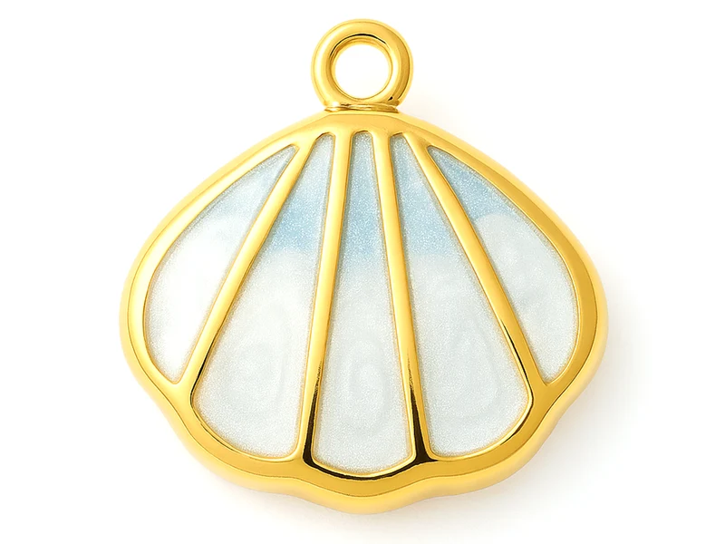 Breloque coquillage émaillé bleu clair en acier inoxydable 304 doré à l’or fin 18 K