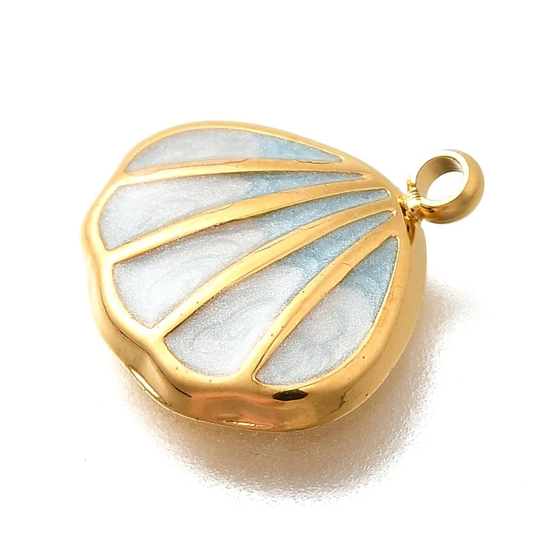 Breloque coquillage émaillé bleu clair en acier inoxydable 304 doré à l’or fin 18 K