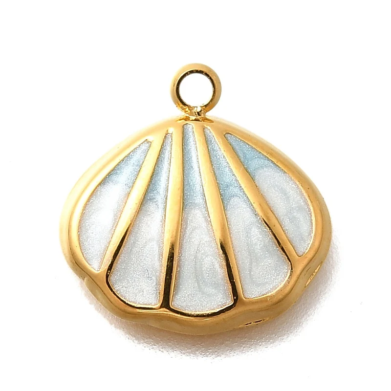 Breloque coquillage émaillé bleu clair en acier inoxydable 304 doré à l’or fin 18 K