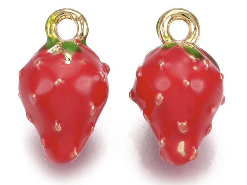 Breloque fraise émaillée en laiton doré à l’or fin