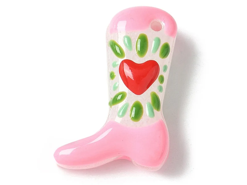 Breloque bottine rose en verre avec cœur rouge