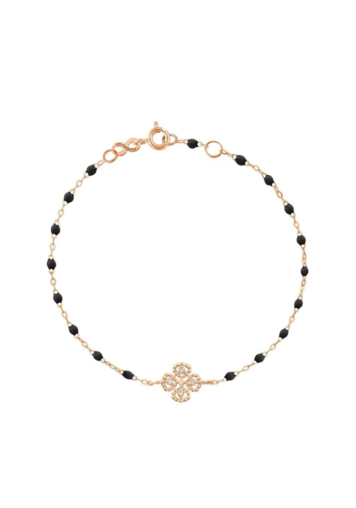 Bracelet Lucky Trèfle Diamant Or Rose Diamant Et Résines Noir 17cm