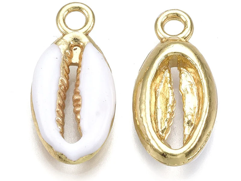 Breloque émaillée et dorée - Coquillage cauri blanc - 17 x 8,5 mm