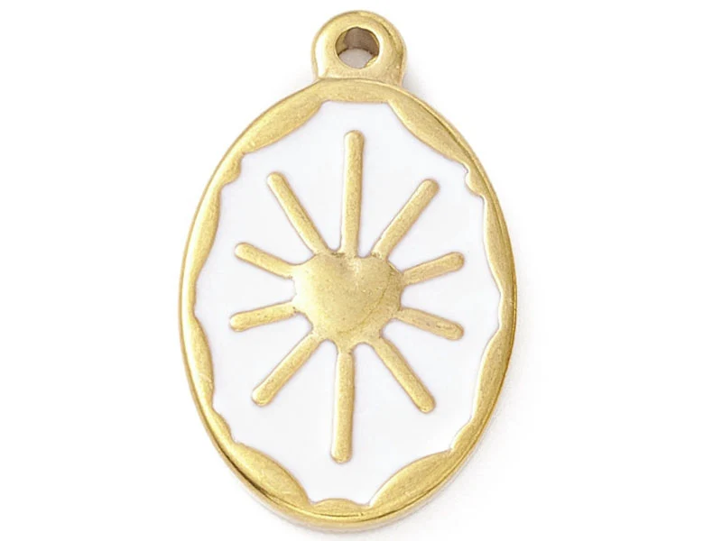 Pendentif émaillé en acier inoxydable doré - Soleil blanc- 23 x 14 mm