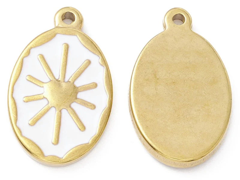 Pendentif émaillé en acier inoxydable doré - Soleil blanc- 23 x 14 mm