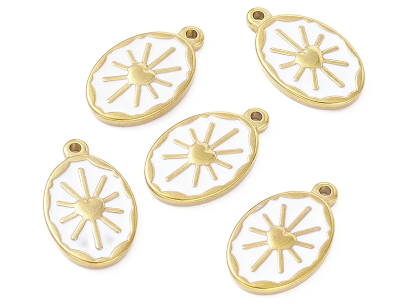 Pendentif émaillé en acier inoxydable doré - Soleil blanc- 23 x 14 mm