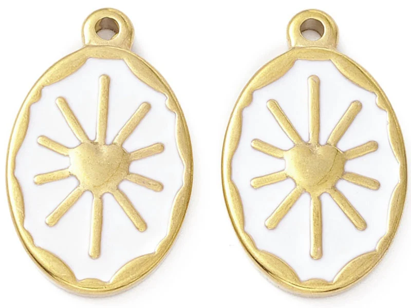 Pendentif émaillé en acier inoxydable doré - Soleil blanc- 23 x 14 mm