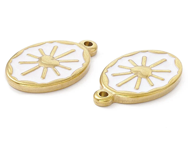 Pendentif émaillé en acier inoxydable doré - Soleil blanc- 23 x 14 mm