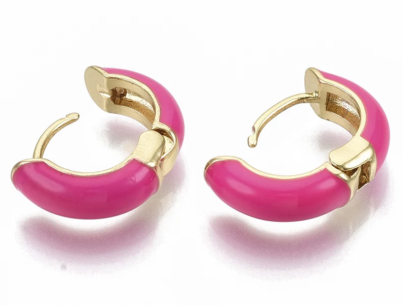 Paire de boucles d'oreilles huggie - Émaillé et doré à l'or fin - Rose vif