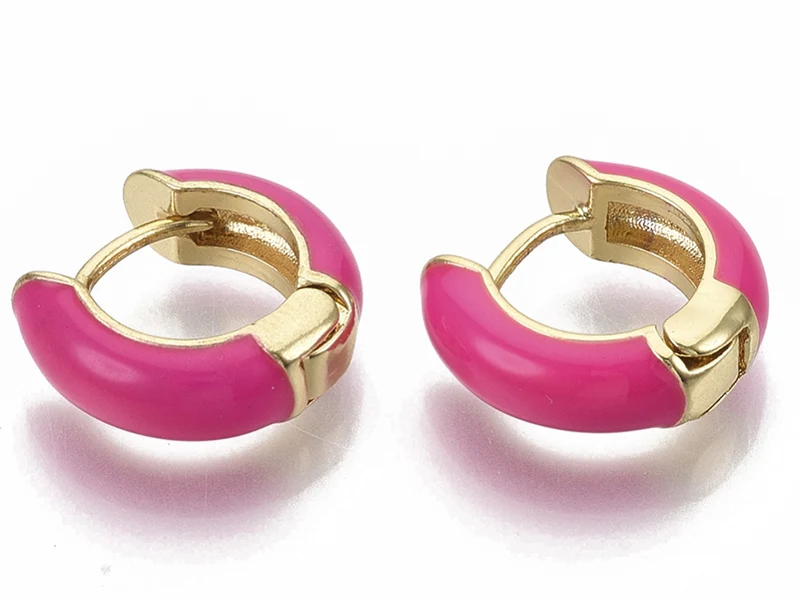 Paire de boucles d'oreilles huggie - Émaillé et doré à l'or fin - Rose vif