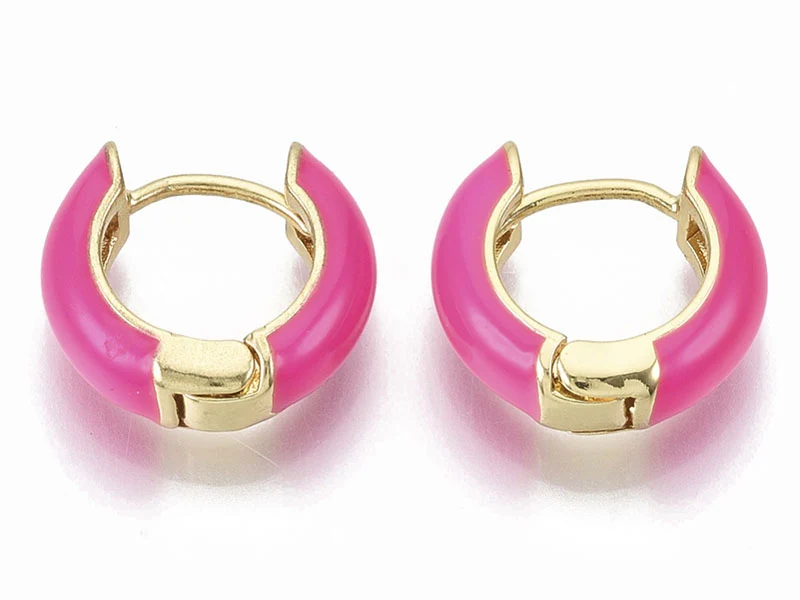 Paire de boucles d'oreilles huggie - Émaillé et doré à l'or fin - Rose vif