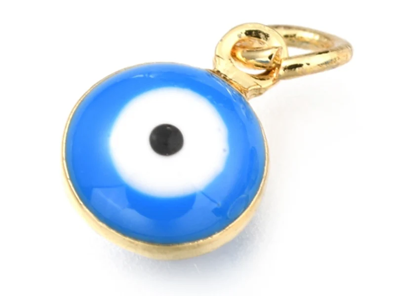 Breloque émaillée et dorée à l'or fin - œil bleu - 9,5 x 6,5 mm