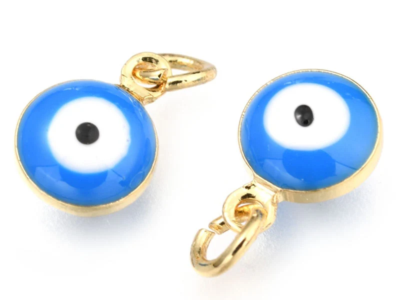 Breloque émaillée et dorée à l'or fin - œil bleu - 9,5 x 6,5 mm