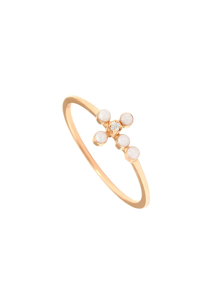 Bague Croix Perlée Diamant Résine Opale