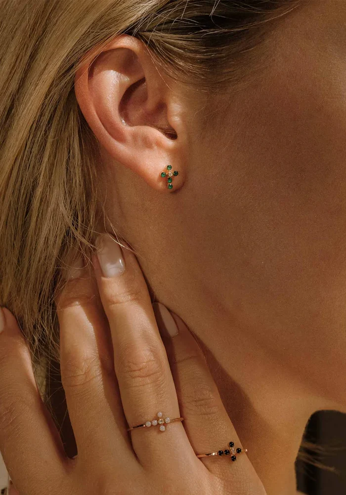 Bague Croix Perlée Diamant Résine Opale