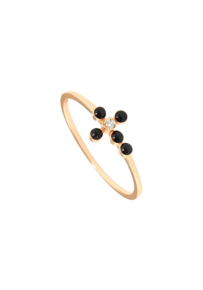 Bague Croix Perlée Diamant Résine Noire