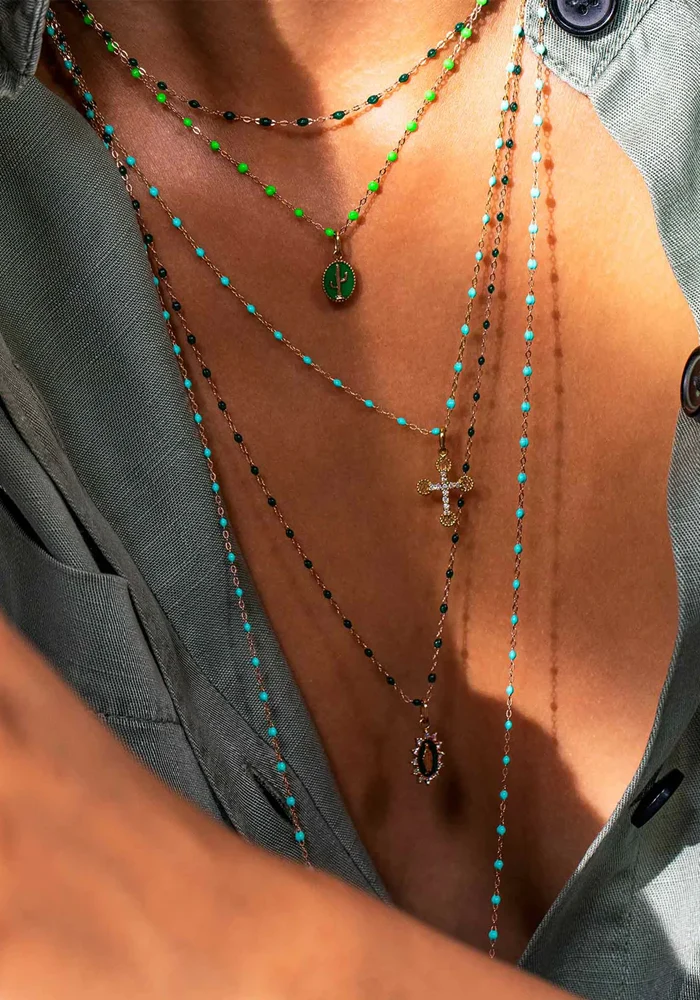 Sautoir Classique Gigi Or Rose Et Résines Turquoise Vert 86cm