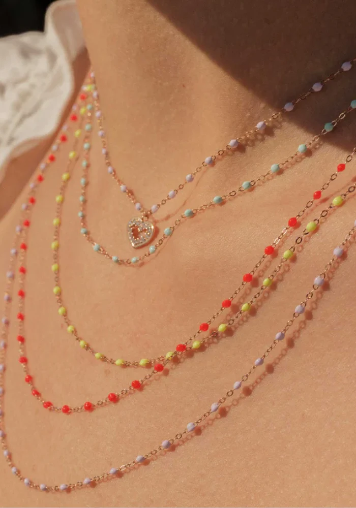 Collier Classique Gigi Or Rose Et Résines Jaune Fluo 42cm