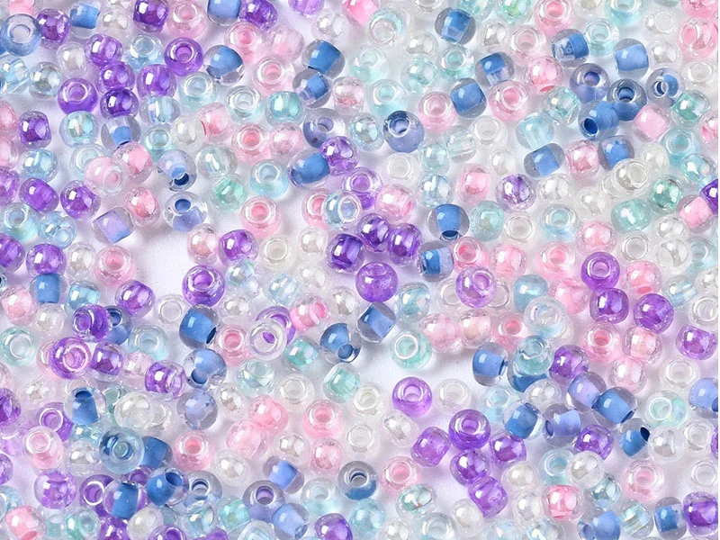 Perles de rocailles transparentes en tube - Mélange arc-en-ciel bleu et parme - 2 mm