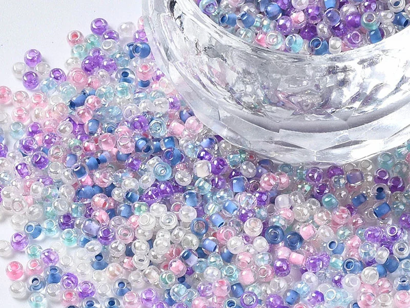 Perles de rocailles transparentes en tube - Mélange arc-en-ciel bleu et parme - 2 mm