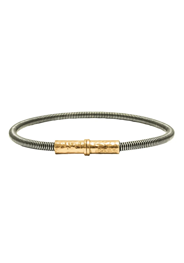 Jonc Homme Corde De Basse Big Argent Vieilli Et Fermoir Plaqué Or Jaune