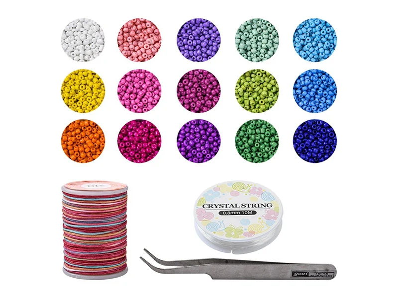 Kit Boite de perles 15 couleurs opaques + 2 bobines fils + pince
