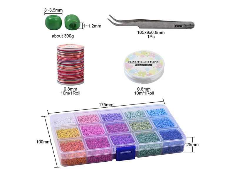 Kit Boite de perles 15 couleurs opaques + 2 bobines fils + pince