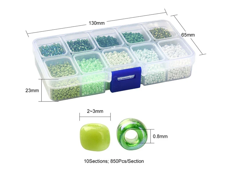 Boite de perles de rocailles - 10 Nuances Vertes- 2,5mm - 8500 pcs